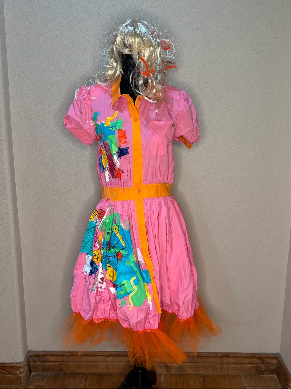 Weird Barbie Costume, with WiG. Painterly Tulle Shirt Dress Sz S
